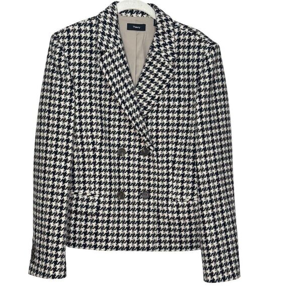 Theory Houndstooth Check Crop Wool Blazer Jacket Size 8 Black Grey Cream Tan - Picture 1 of 10